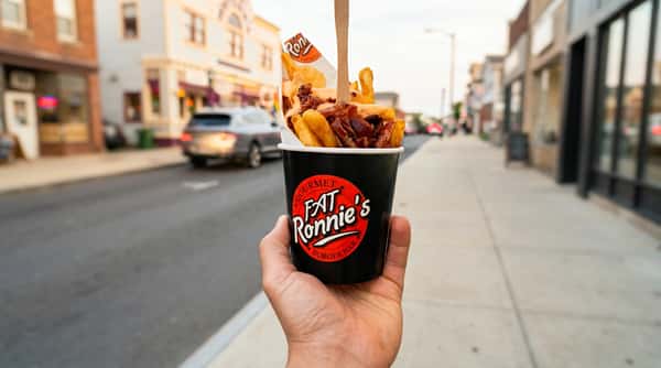 Hand holding a cup of loaded fries with bacon, cheese sauce, and a wooden fork, from "Fat Ronnie's Burger Bar"