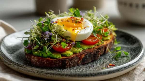 Avocado toast on rustic bread topped with smashed avocado, cherry tomato halves, fresh microgreens, and a soft-boiled egg with a runny yolk, sprinkled with chili flakes.