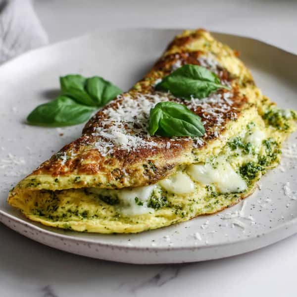Folded omelet filled with melted mozzarella and pesto, topped with grated Parmesan and fresh basil leaves, served on a white plate.