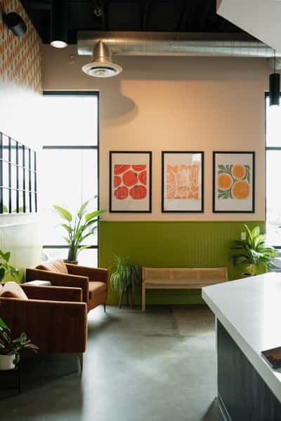 A bright, modern café interior with green and white walls, featuring plants, framed fruit artwork, and a cozy seating area with chairs and a bench.