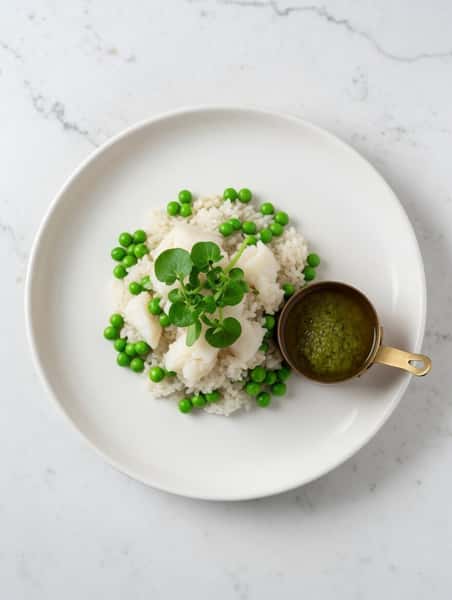Fish rice and peas
