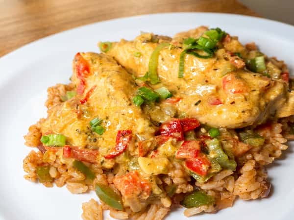 Creamy chicken and rice comfort dish at Fainmous BBQ Pearland Texas
