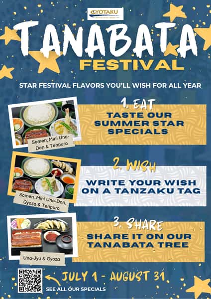 Gyotaku Japanese Restaurant poster promoting the Tanabata Festival, held from July 1 to August 31. The theme is "Star Festival flavors you'll wish for all year." The poster outlines three steps: Eat – Taste our Summer Star Specials. Featured dishes include: Somen with Mini Una-Don and Tenpura Somen with Mini Una-Don, Gyoza, and Tenpura Una-Jyu with Gyoza Each dish is shown in full-color food photos. Wish – Write your wish on a Tanzaku tag. Share – Hang your wish on our Tanabata Tree. The background is dark blue with floating gold and yellow stars. A QR code at the bottom leads to a page listing all specials. The festival dates, July 1 to August 31, are highlighted in yellow script.