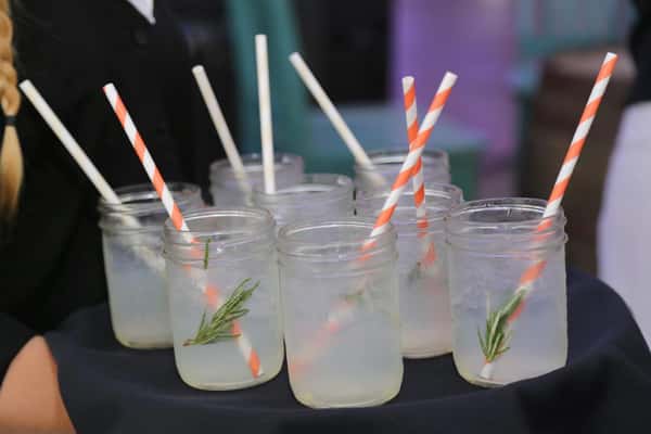 Assortment of beverages on a serving tray