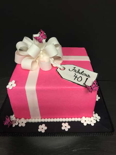 square pink present party cake
