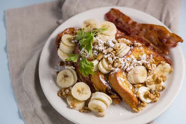 french toast and bananas and bacon
