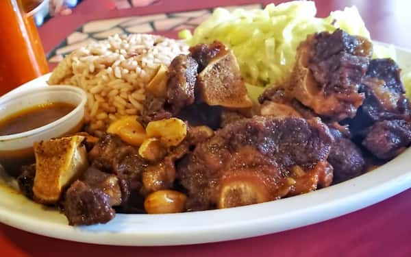 meat, rice, veggies platter