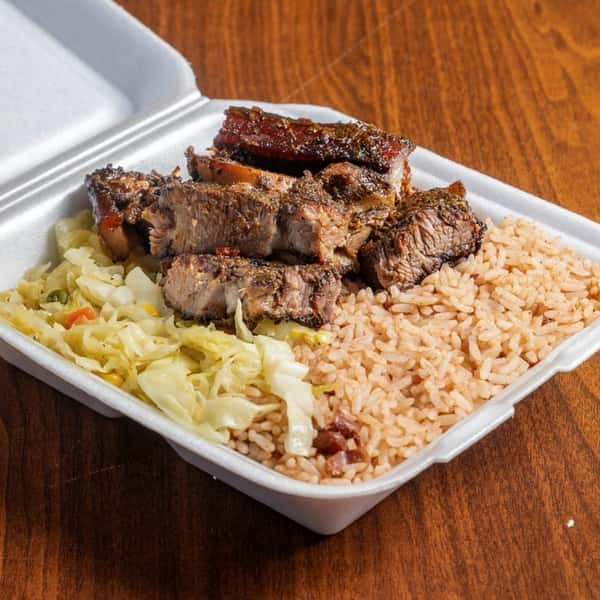 Grilled beef strips with rice and shredded cabbage