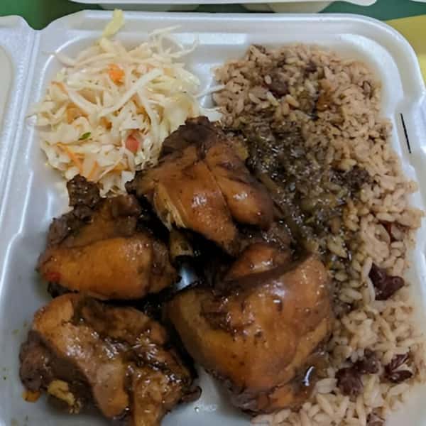 meat and rice with coleslaw