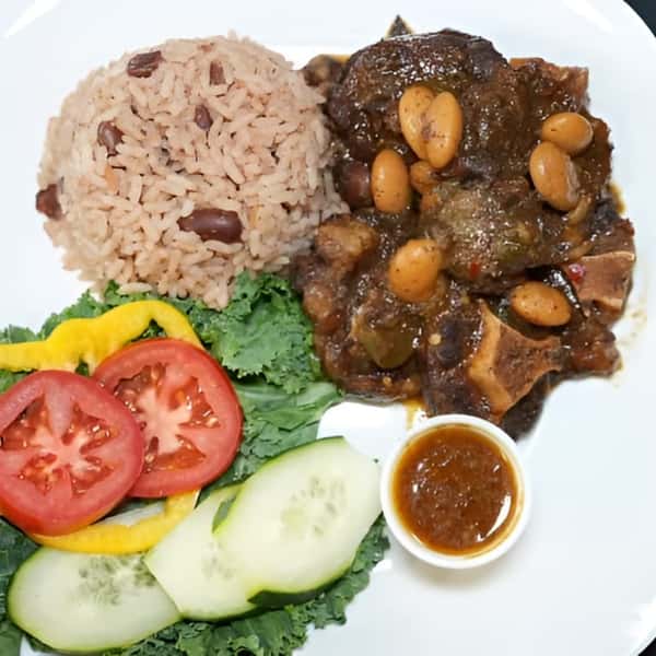 meat, rice, salad