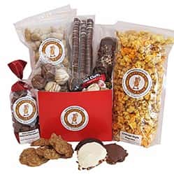 Various candies, nuts, popcorn gift packages