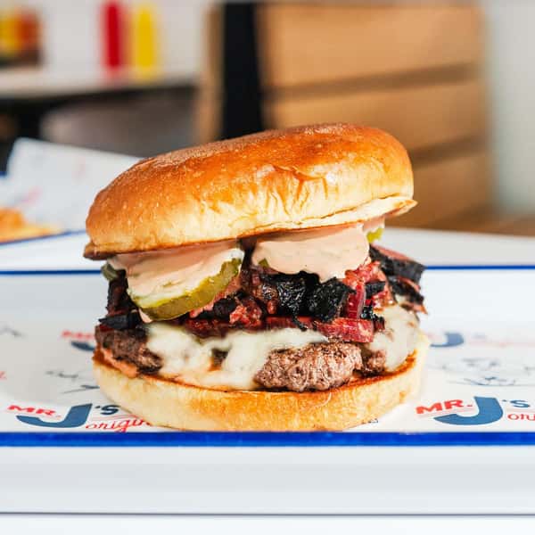 Pastrami Burger (pastrami, Swiss, pickles, burger sauce)