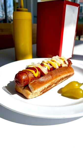 Bacon Wrapped Hot Dog (with ketchup, mustard, mayo, onions)