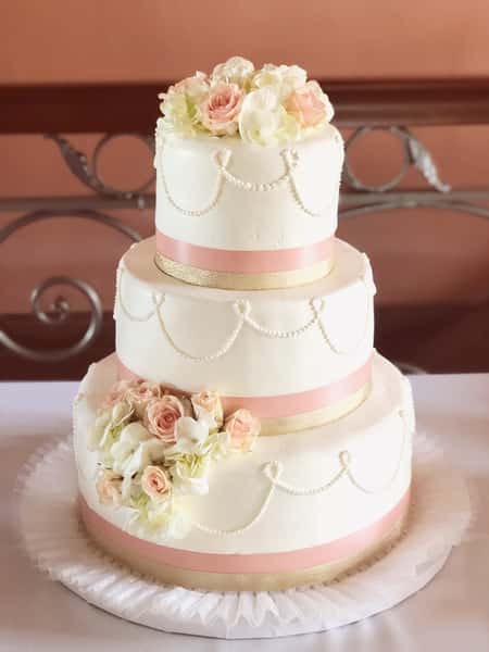 Smooth with Vintage Pearls, Double Ribbon Border, and Floral Topper and Cluster