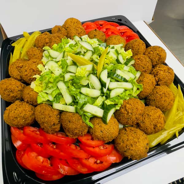 Falafel Fried Tray 25 Pcs with veggies+Pita+Tahini (Serves 12-20)