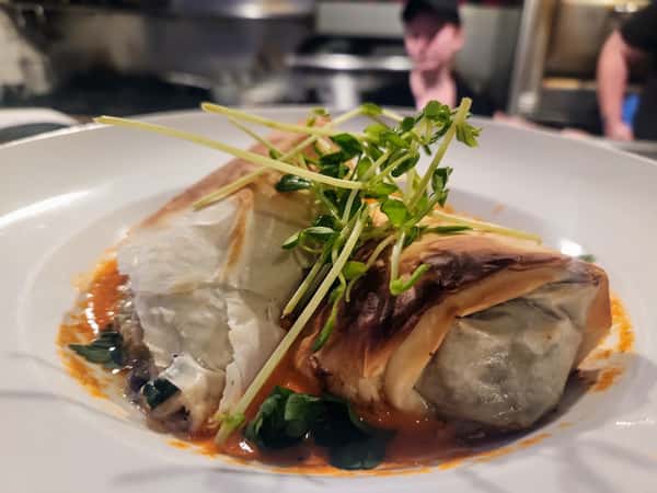 Phyllo Dough Filled With Fresh Veggies with a Roasted Pepper Coulis