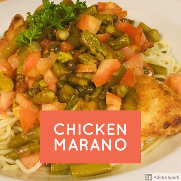 chicken marano (tomatoes, light breading, asparagus, white wine sauce over pasta)