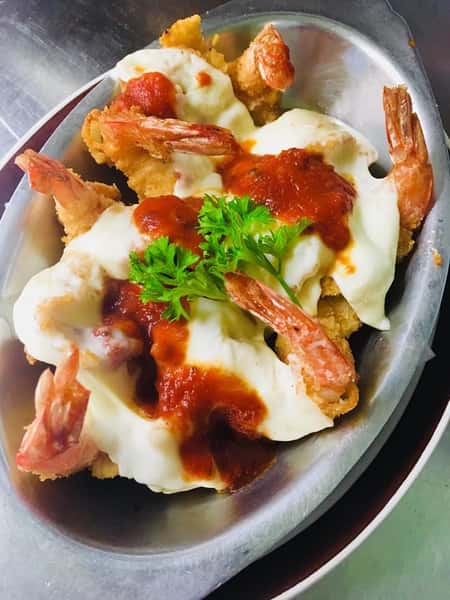 Shrimp Parmigiana on a plate