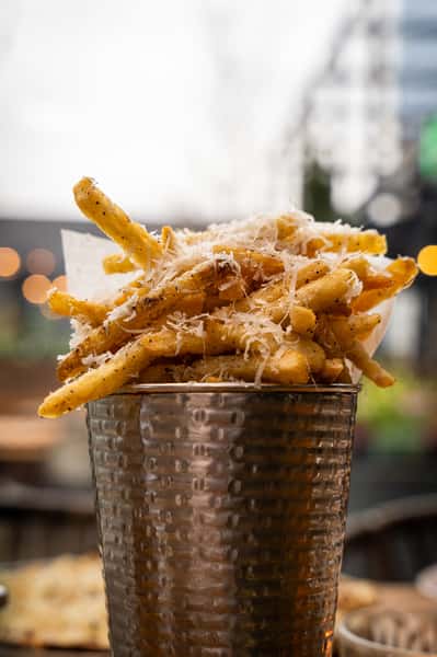 A close-up shot of crispy French fries topped with grated Parmesan cheese, served in a metal cup with a blurry outdoor background.