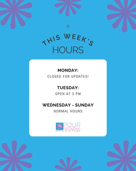 Look, we know our name is @pourdecisionsscottsdale , but closing this Monday to make some updates is actually a good decision. Weird, we know. 🤷♂️✨
We’ll be locked up on Monday, but we reopen Tuesday at 3 PM and will be running on our regular schedule for the rest of the week.
Miss you already. See you Tuesday! 🍹