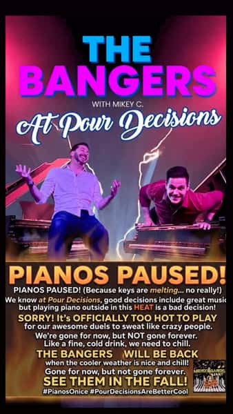 ⚠️ PIANOS ON PAUSE! ⚠️
We love making @pourdecisionsscottsdale , but playing outside in this Arizona heat is officially a bad decision! 🔥🥵 The keys are practically melting, so The Bangers are taking a summer break to chill.
Don’t worry—they aren’t gone forever! @bangerspianoshow . and the crew will be back to rock the patio as soon as the cooler weather returns. 🙌❄️
See you in the fall! 🍂🎹
#PourDecisionsScottsdale #TheBangers #DuelingPianos #PianosOnIce #scottsdale