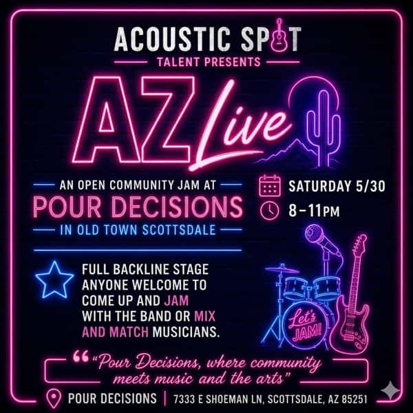 🎸 TONIGHT: The Ultimate Live Music Experience in Old Town! 🌵
Old Town Scottsdale, it’s time to bring the energy! 📢 If you love raw, authentic talent and incredible vibes, @pourdecisionsscottsdale is the only place you need to be tonight.
We are teaming up with Acoustic Spot Talent to bring you AZ Live—an open community jam session where the music is fresh, the energy is electric, and everyone is welcome.
🕒 The Details:
When: TONIGHT, Saturday 5/30 from 8:00 PM – 11:00 PM
📍: @pourdecisionsscottsdale
Admission: Completely FREE! 🤩
#livemusic #scottsdale #scottsdaleaz #pourdecisionsscottsdale #scottsdaleliving