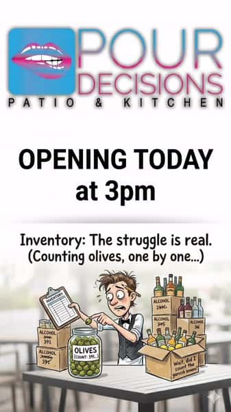 🚨 ATTENTION! 🚨
It’s inventory time at @pourdecisionsscottsdale , and you know how that goes... 📈 We are currently counting every single olive 🫒, drop of liquor 💧, burger patty 🍔, and hot dog 🌭 to make sure we are 100% ready for you!
Because of the counting chaos, we will be opening at 3 PM today! 🕒 Sorry for the delay, but we promise it’ll be worth the wait! 🥳
#pourdecisionsscottsdale #InventoryStruggle #scottsdale #CountingOlives #WorthTheWait