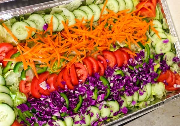 Colorful fresh salad platter with sliced cucumbers, shredded carrots, tomatoes, red cabbage, and chopped greens neatly arranged in rows.