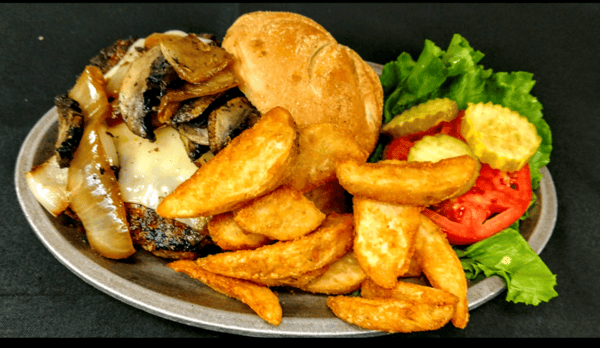 Blackened Onions, Shrooms & Swiss Steak Burger