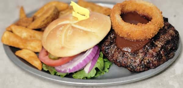 Mcguire's Steak Sauce & Onion Ring Burger