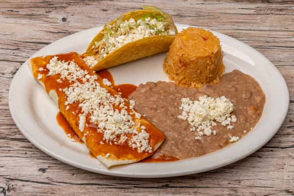 2. One Burrito, One Taco, Rice, and Beans