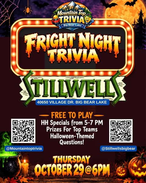 🎃👻 **HALLOWEEN-THEMED MOUNTAIN TOP TRIVIA IS THIS THURSDAY!** 👻🎃
Things are about to get spooky at **Stillwells Restaurant & Bar!** 🧠💀 Gather your ghouls, ghosts, and trivia-loving friends for a Halloween-themed night full of creepy questions, wicked competition, and plenty of laughs! 🕸️🦇
🧟♂️ Spooky trivia
🎃 Halloween fun
🍔 Delicious food
🍻 Drinks to die for
🏆 Bragging rights up for grabs!
📍 **Stillwells Restaurant & Bar**
📅 **This Thursday, October 22nd**
⏰ **6:00 PM**
Think you know your horror movies, Halloween traditions, creepy creatures, and all things spooky? 👀 It's time to put your knowledge to the test!
🧛♀️ **Tag your trivia team, summon your smartest friends, and join us for a frightfully good time!**
⚰️ Don't ghost us… we'll see you Thursday! 🎃🔥
#MountainTopTrivia #Stillwells #BigBearLake #Visitbigbear #California