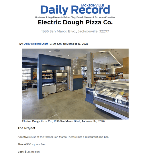 Screenshot of the article written by the Jax Daily Record featuring cool construction projects - highlighting Electric Dough Pizza Co. Shows an interior photo of the front of the restaurant with supporting text from the article.