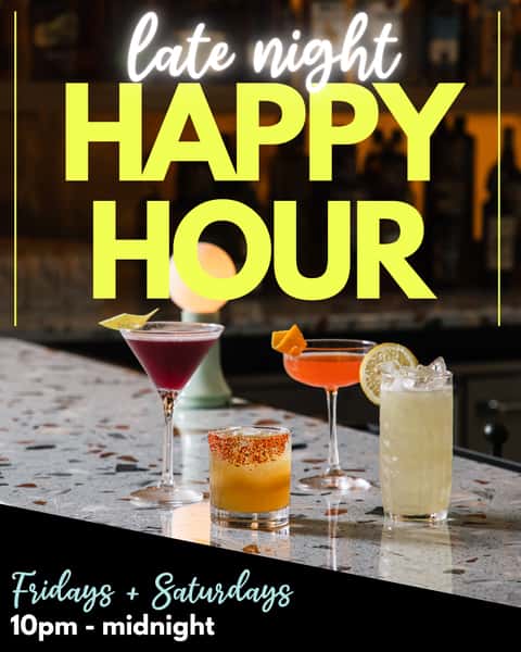 photo of cocktails at electric dough pizza co on the bar with a black background and text that reads late night happy hour fridays + saturdays 10pm-midnight.