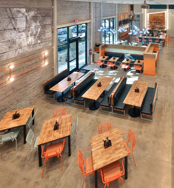 Overhead shot of indoor dining room and bar