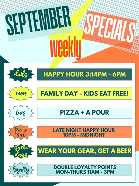 Graphic of the different activities and promotions going on every day of the week in September at Electric Dough