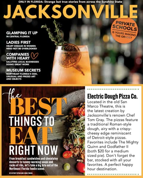 Photo of the cover of Jacksonville Magazine with a clip of the text highlighting Electric Dough Pizza Co as one of the featured restaurants in the issue.
