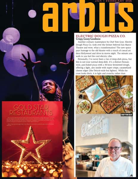 Arbus magazine cover, Gold Star Restaurants edition featuring Electric Dough PIzza Co.