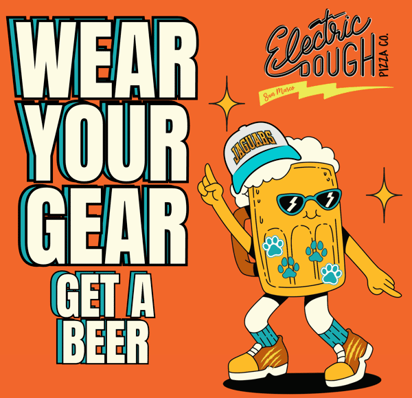 Graphic of a dancing mug of beer with headline of Wear Your Gear Get a Beer