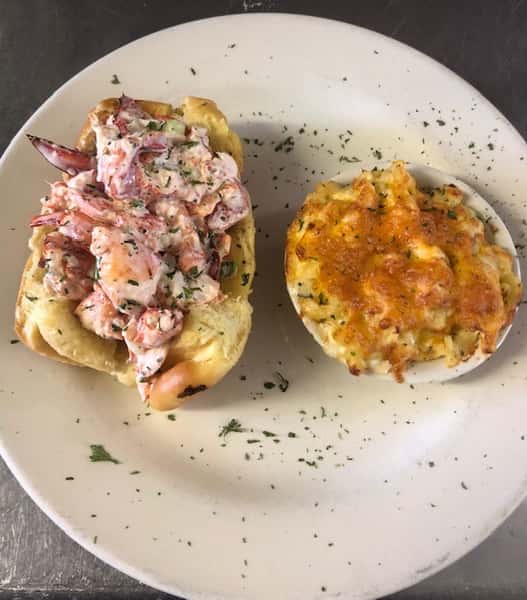 lobster roll and a side of baked macaroni and cheese