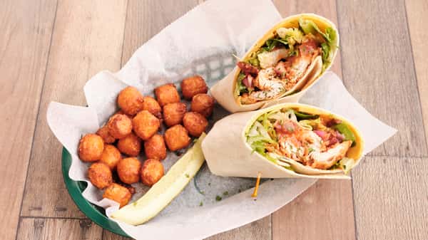 Buffalo chicken wrap with sweet potato tots