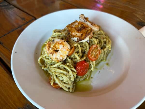 Pesto Pasta & Grilled Shrimp Stack