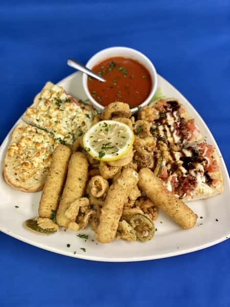 Combination of Bruschetta, Fried Calamari, Fried Mozzarella & Gorgonzola Bread