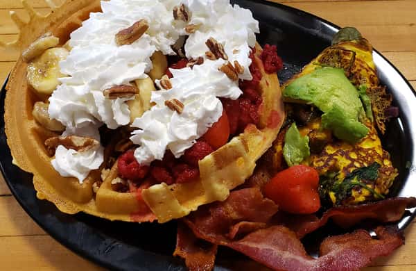 waffles with fruit and whipped cream