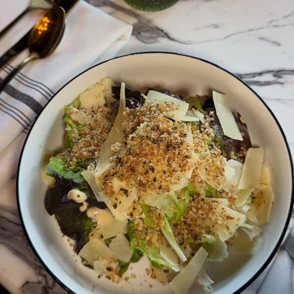 New Dish Alert 🚨 Cacio e Pepe Caeser Salad made with local little gem lettuce, shaved grana padana and toasted garlic breadcrumbs 🤩 🥬🧀 #newmenu #fallmenu