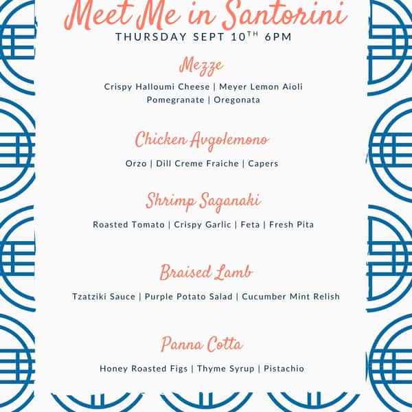 Next Thursday, were traveling to the Greek Isles and you can come with ❤✨ ⚓💫 5 courses, $69 per person. Register at the link in our Bio ☀ #supperclub #meetmeinsantorini