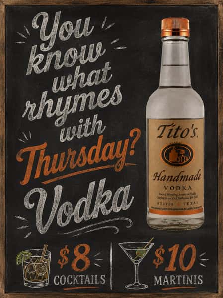 It doesn’t actually rhyme but who really cares 🤷🏼‍♀️ Tito’s Thursdays are a THING 🍸 Enjoy $8 cocktails and $10 martinis of choice with your favorite American made vodka all night! #titosthursday