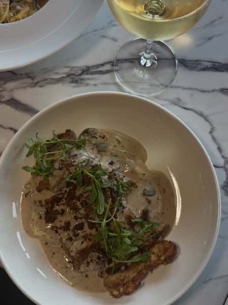 Another New Favorite ✨ Date Night Chicken ✨ made with a creamy Marsala & wild mushroom sauce served over polenta and garnished with applewood bacon and micro tarragon. It’s so so delicious 😋 #newmenu #fallmenu