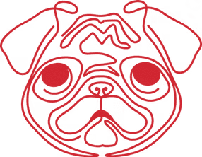 Red line art illustration of a pug's face with large eyes, floppy ears, and a furrowed brow.