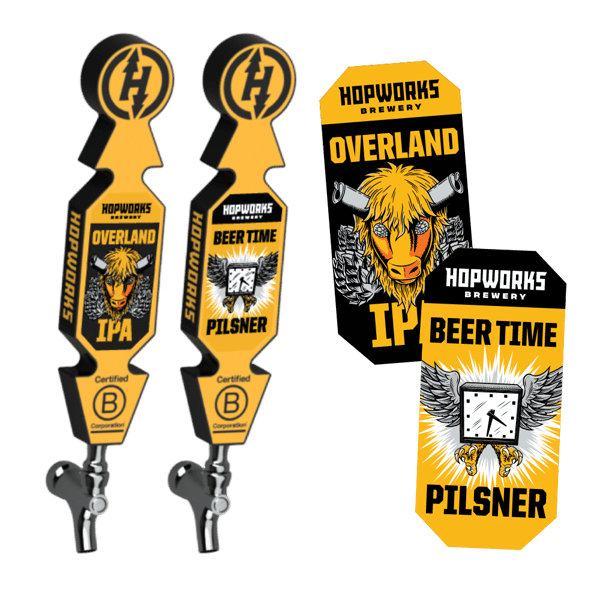 example of hopworks taphandles with brand stickers on top